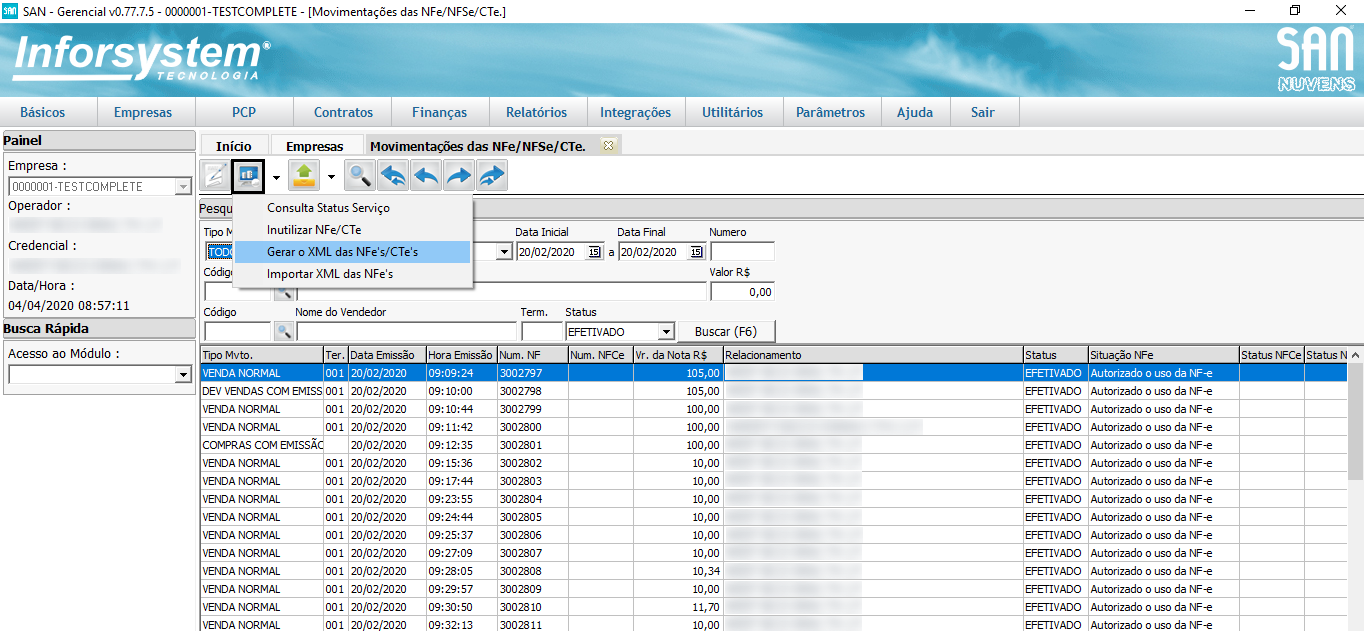 Exportar XML no San