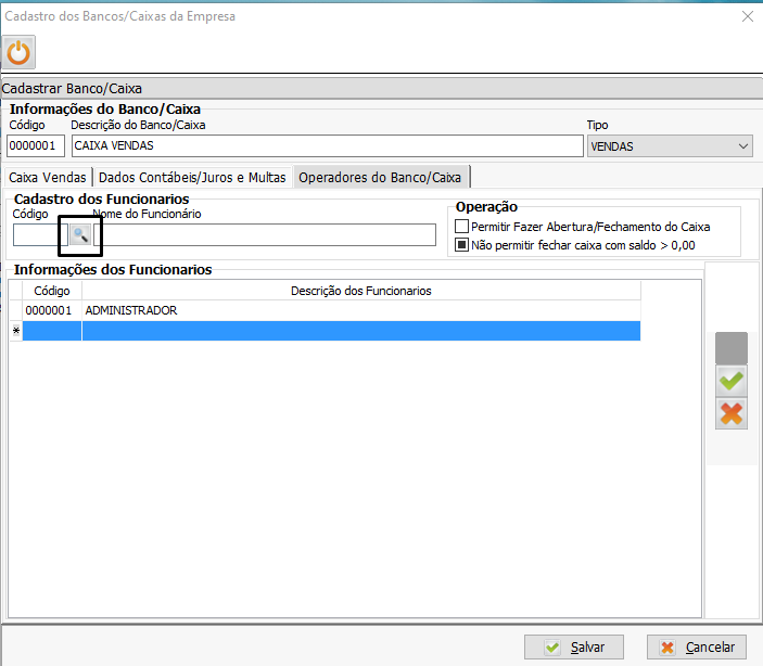 cadastro banco caixa menu geral cadastrar lupa