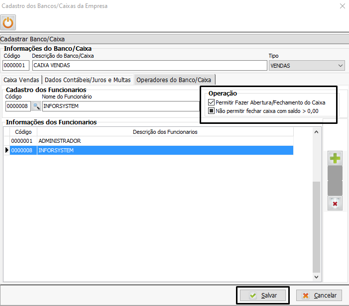 cadastro dos bancos caixas da empresa permissão