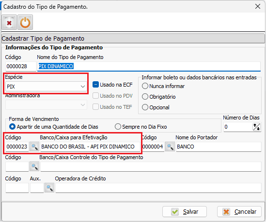 Configuração do tipo de pagamento Pix Dinâmico
