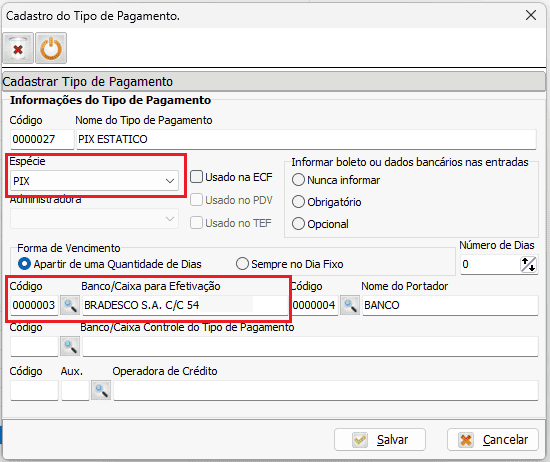 Configuração de tipo de pagamento Pix no SAN